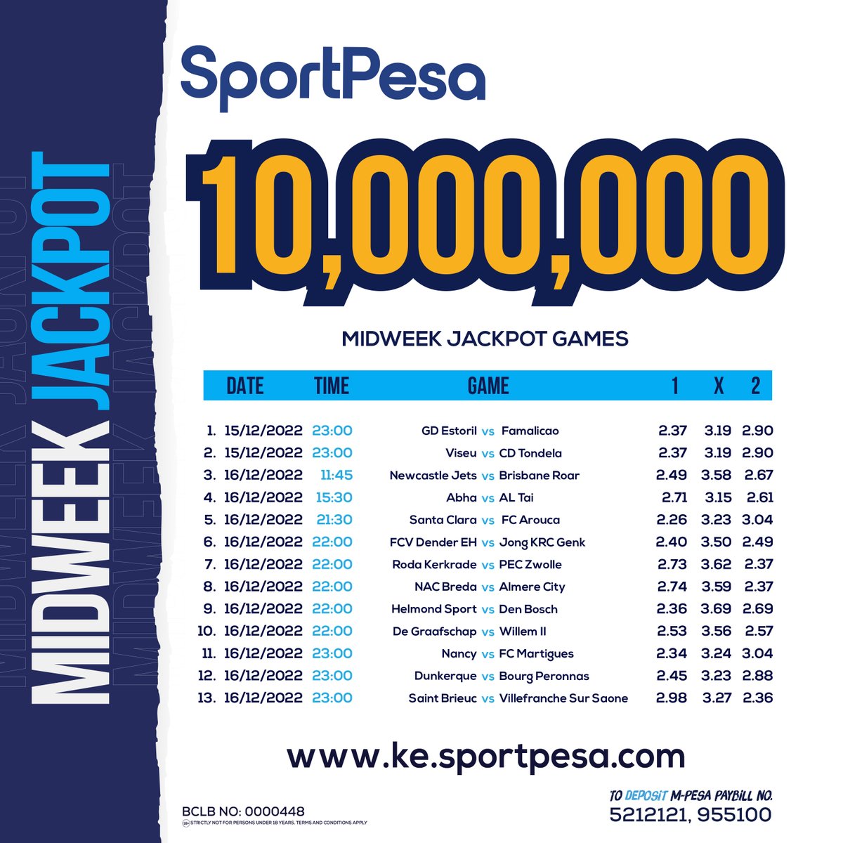 Last week’s 15 M Midweek Jackpot ilienda na Kevo!!!

Uko ready kubeba ya this week? CHANGAMKIA kabla ya kick-off

Cheza SASA ➡️ spp.ke/Jackpot 

Register ➡️ spp.ke/Register 
Download APP ➡️ spp.ke/SportPesaAPP

sportpesa.co.ke 
#SportPesaMJPPro