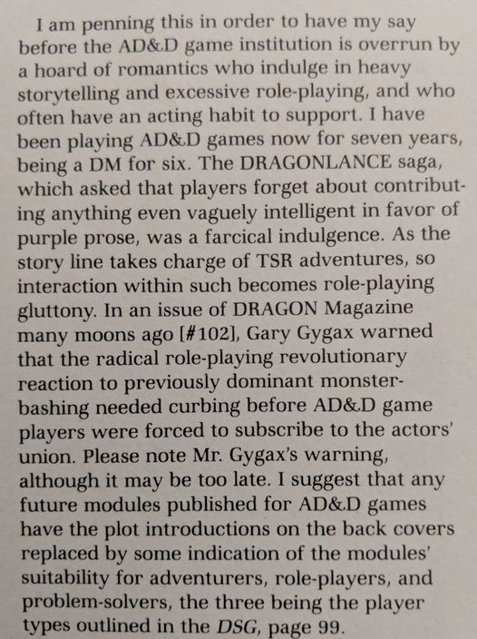 SSkorkowsky's tweet photo. From Dragon Magazine #137, September 1988.
The more things change, the more the same battle has raged in Geekdom.
Honestly, I'm a little surprised the idea of placing a meter on adventures, rating its suitability for Adventurer, Roleplayer, and Problem Solver never got adopted. https://t.co/vwo8CBDj4e