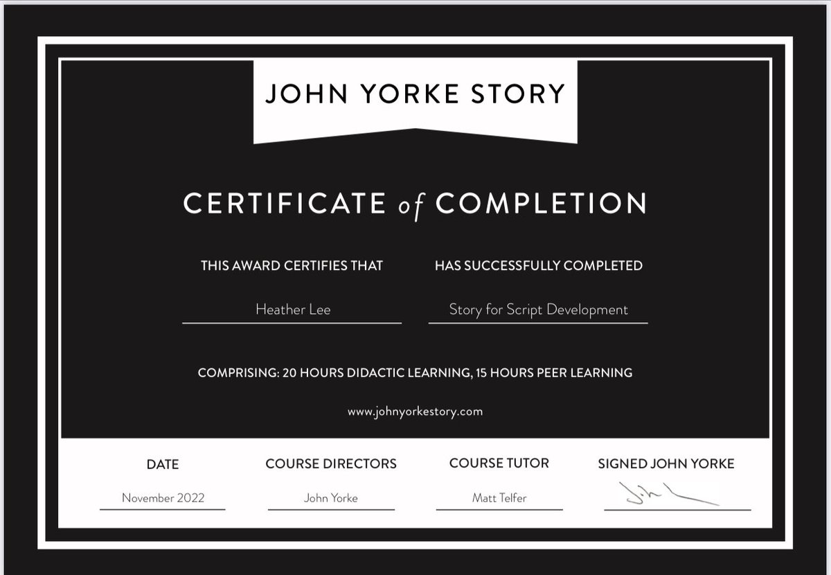 Finally completed #johnyorke Story in Script Development course (whilst juggling this with a newborn &amp; a toddler!) Really enjoyed learning with some incredibly talented people &amp; can’t wait to continue on this journey ☺️🌟
#cpd 
#scripteditor
#scriptreader