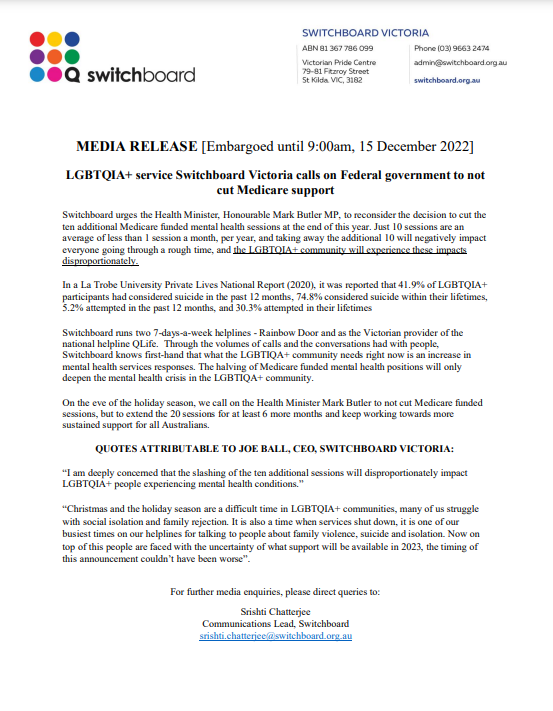 We are urging Health Minister <a href="/Mark_Butler_MP/">Mark Butler MP</a> to extend the 20 sessions p/ year access to Medicare funded mental health sessions, and include <a href="/LGBTIQHealthAu/">LGBTIQ+ Health Australia</a> in their consultations. See media release here:
