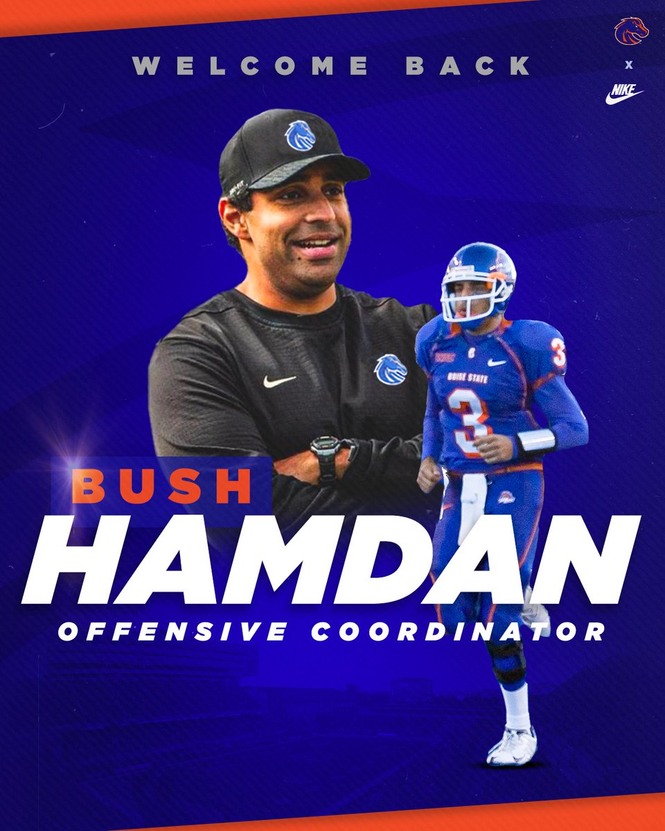 𝗪𝗲𝗹𝗰𝗼𝗺𝗲 𝗯𝗮𝗰𝗸 𝘁𝗼 𝗕𝗼𝗶𝘀𝗲, <a href="/BushHamdan/">Bush Hamdan</a>!

We're very excited to bring one of our brothers back to coach with our Boise State family as our new offensive coordinator!

📰: bit.ly/3Wh3Cyi
#BleedBlue | #OnceABroncoAlwaysABronco
