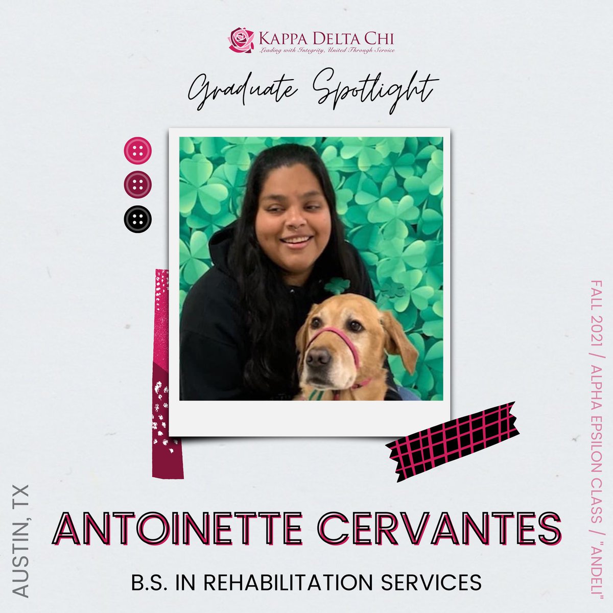 🎓 GRADUATE SPOTLIGHT 🎓
•
ANTOINETTE CERVANTES, a Fall 2021 initiate of <a href="/sfasukdchi/">𝐊𝐃𝐂𝐡𝐢 - 𝐏𝐡𝐢 𝐂𝐡𝐚𝐩𝐭𝐞𝐫</a> from Austin, TX, graduated from SFA with a B.S. in Rehabilitation Services with a concentration in Orientation &amp; Mobility and a Minor in Spanish. She plans to become a certified O&amp;M specialist.