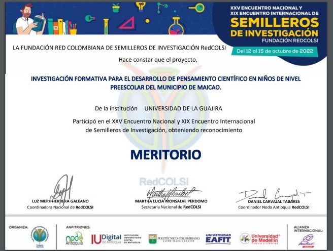 albarpinto's tweet photo. El trabajo del semillero #SecTIC @InecTIC de @UniLaGuajira obtuvo valoración MERITORIO en XXV Encuentro Nacional de Semilleros de Investigación @RedCOLSI con la presentación de las estudiantes del programa Lic. en Educación Infantil Lidia López y Yovana Caicedo 👏👏👏👏 https://t.co/mZhKSNLvKr