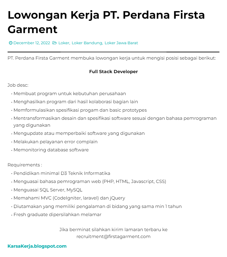 KarsaKerja's tweet photo. Lowongan Kerja Bandung di PT. Perdana Firsta Garment, posisi Full Stack Developer.
Lihat: https://t.co/njf0aiSuxf
#lokerBandung #lokerIT #lokerDeveloper #lokerProgrammer https://t.co/J1O7MFRIcQ
