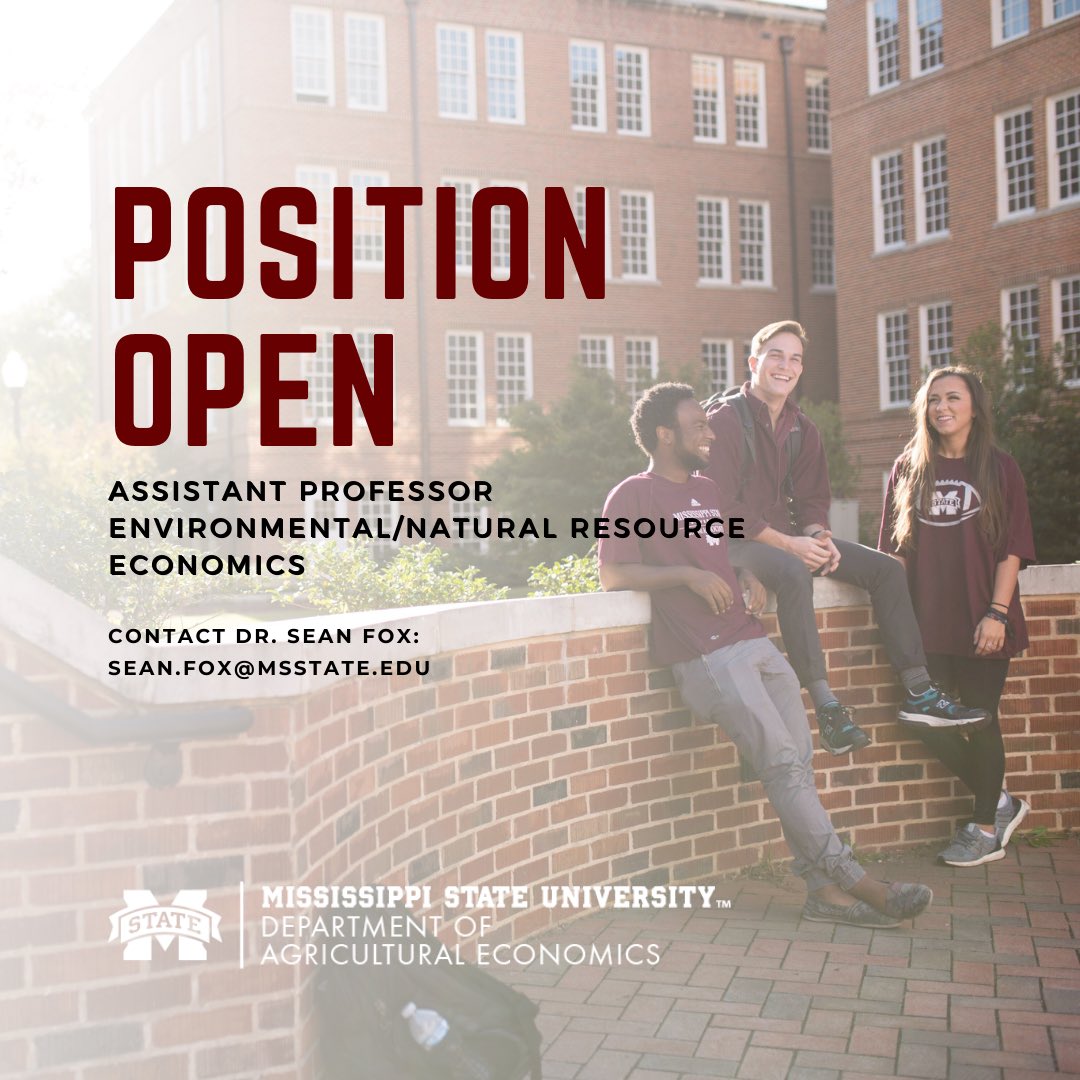 MSStateAgEcon's tweet image. We are now accepting applications for the position of Assistant Professor of Environmental and Natural Resource Economics. 

Apply online at explore.msujobs.msstate.edu (Position# 505288) or contact Dr. Sean Fox (sean.fox@msstate.edu) for more info.