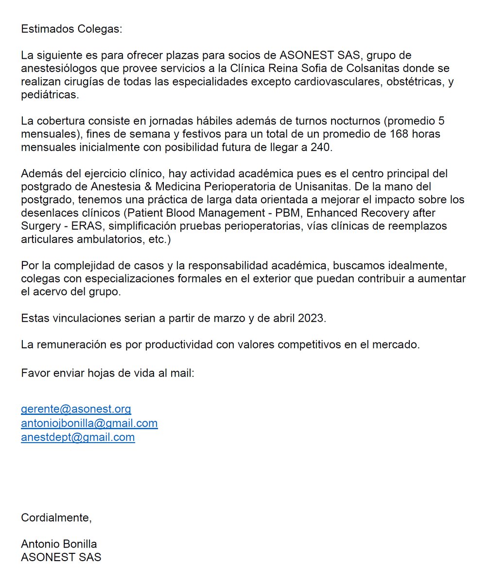 Oferta vinculacion anestesiologos Clinica Reina Sofia Marzo Abril 23

Favor enviar hojas de vida al mail:

gerente@asonest.org
antoniojbonilla@gmail.com
anestdept@gmail.com 

Cordialmente,
Antonio Bonilla
ASONEST SAS