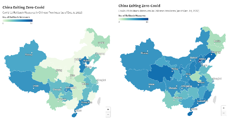 China has stopped publishing asymptomatic Covid-19 cases. Since last week, provinces have relaxed different pandemic control measures. Check out our updated policy tracking map to see changes across the country (left: 12/08, right: 12/14).
bit.ly/3VV3lBq