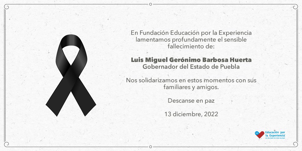 Expresamos nuestras más sentidas condolencias por la irreparable pérdida de la familia Barbosa Orozco y amistades del gobernador de Puebla. 

Descanse en paz.