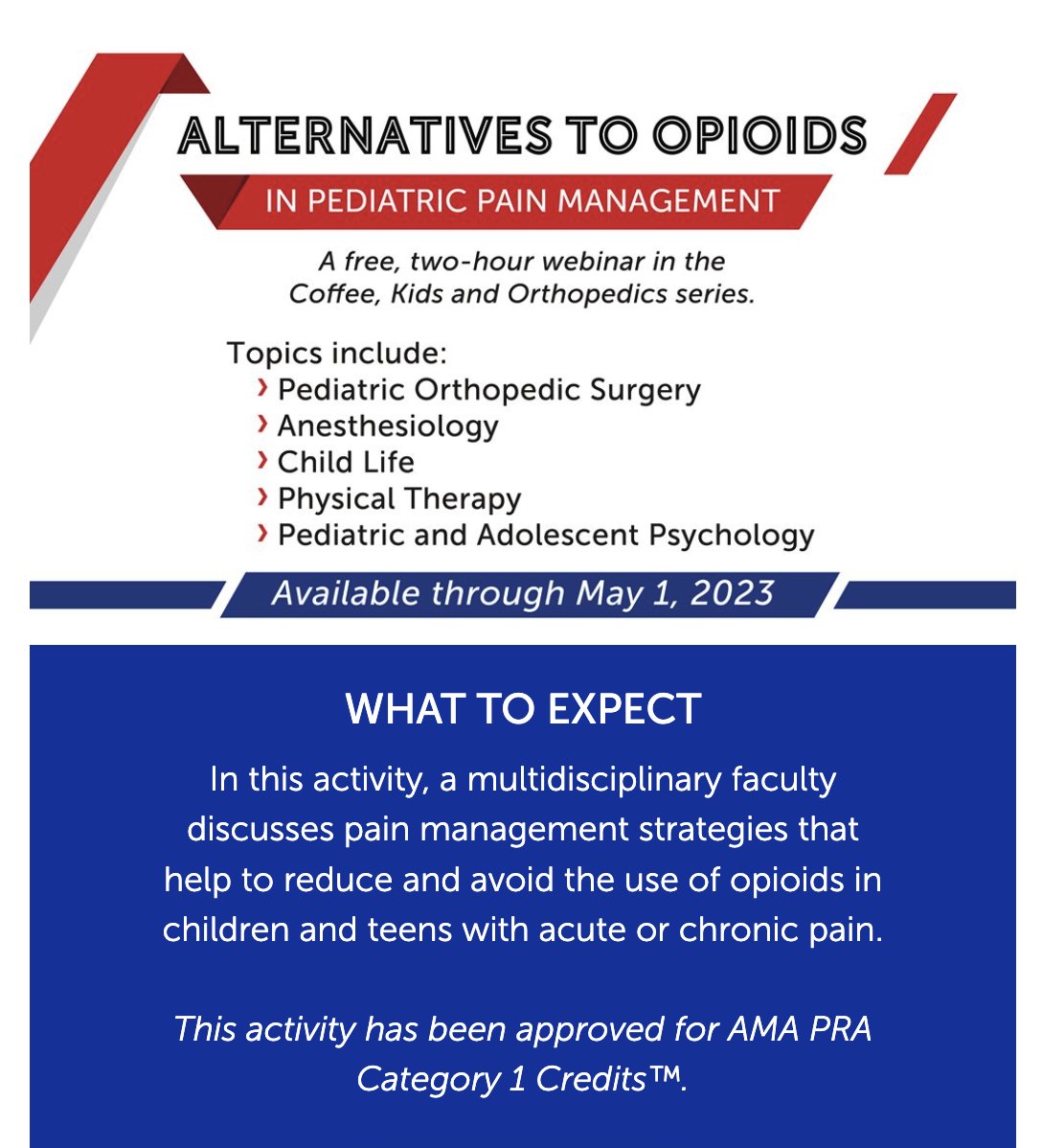 SRChildren_'s tweet photo. It’s not too late to take advantage of our on-demand Alternatives to Opioids course. One user shares this testimonial: “The Scottish Rite CME on Alternatives to Opioids was awesome! Thank y'all for creating and sharing it!”

Learn more: https://t.co/gH6x7n2hfU https://t.co/U733UHhjoT