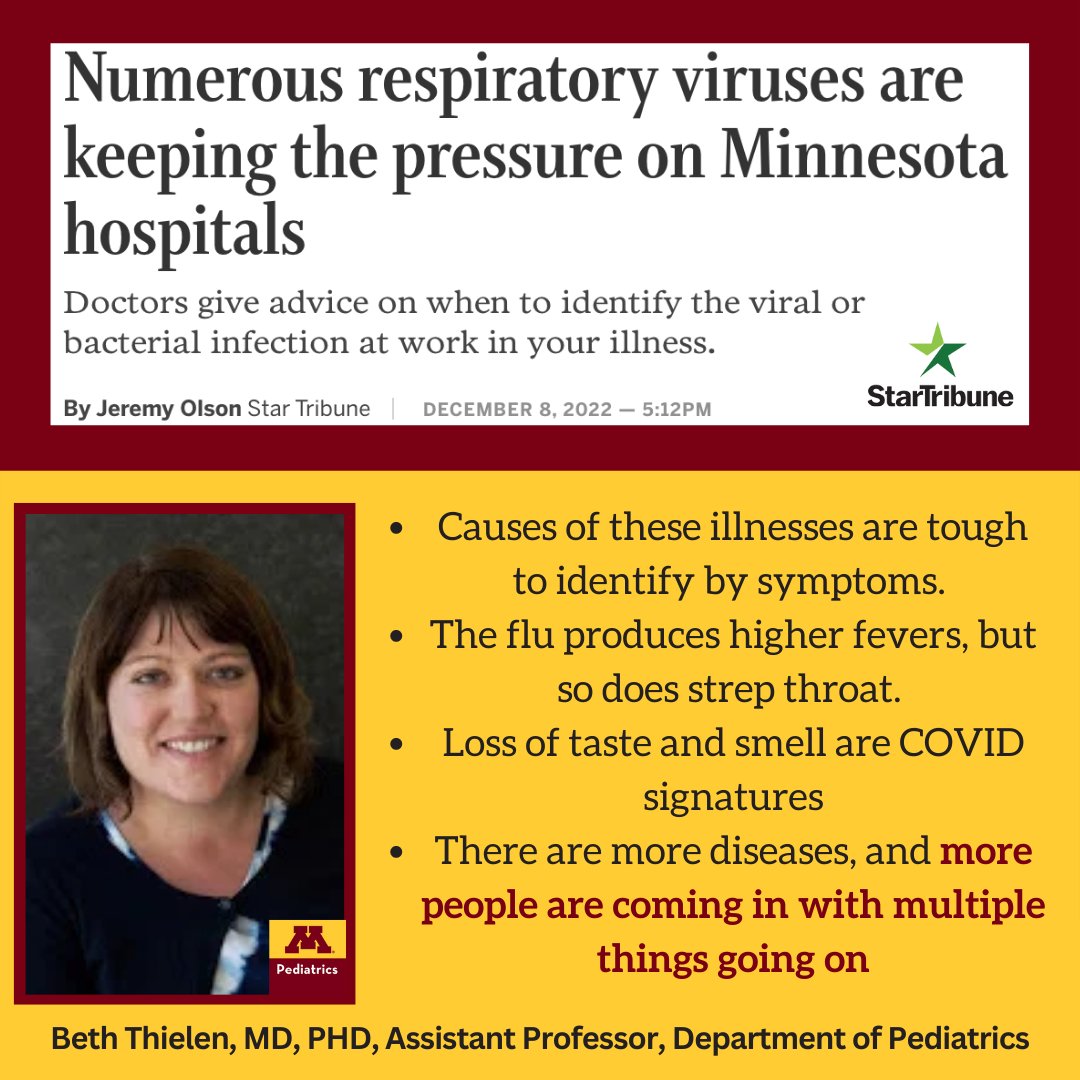 Congratulations to Dr. Beth Thielen for being interviewed by Star Tribune. 

Learn more about the article at:
startribune.com/numerous-respi…

#umnpeds #award #UMNmed #pediatrics #umnstaff #universityofminnesota #hospital #startribune #interview