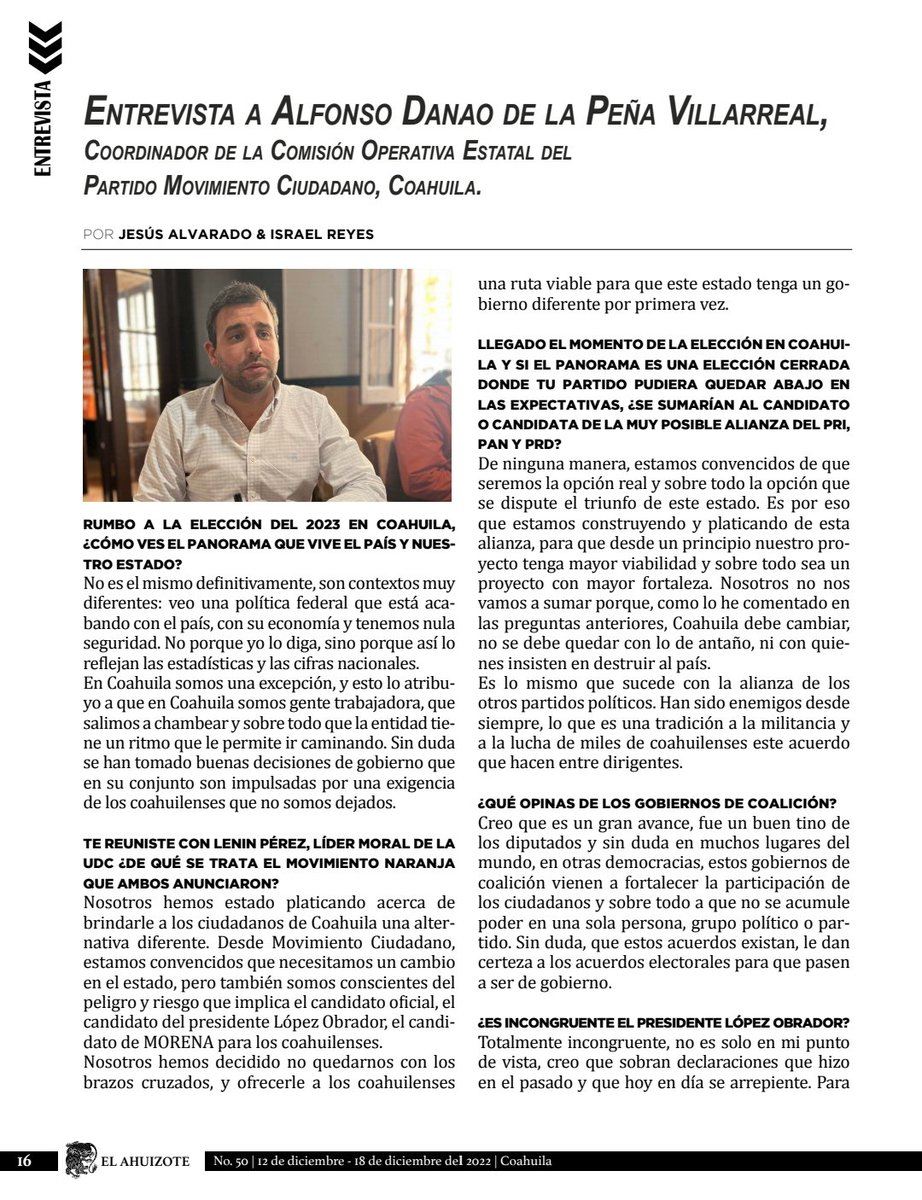 AhuizoteR's tweet photo. Le invito a leer la entrevista que le hizo nuestra #RevistaElAhuizote a @PonchoDanao, Coordinador de la Comisión Operativa Estatal del Partido Movimiento Ciudadano, #Coahuila. https://t.co/rQpNk1FHrH