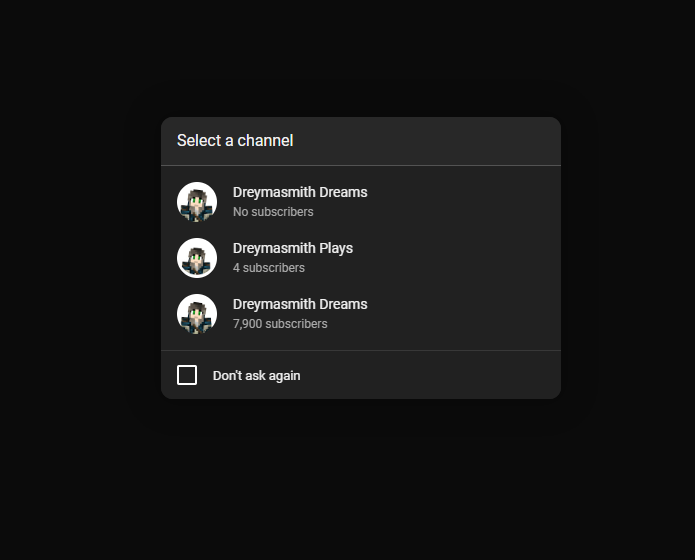 Dreymasmith1's tweet photo. @TeamYouTube managed to sign out of bogus account. Tried logging in to real one and got this. Top channel (0 subs) is the fake one https://t.co/JBeY6acGi9