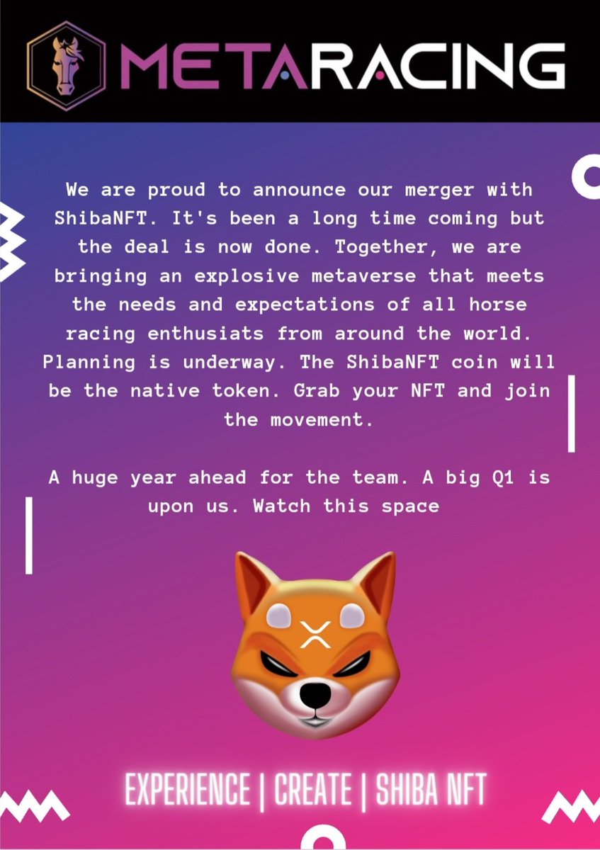 We are proud to announce that we are merging with <a href="/ShibaNFTXRPL/">ShibaNFT</a> 

As we are using the ShibaNFT token within our future metaverse, it makes sense to come together in a much bigger way

A big year ahead. Stay tuned for further announcements 👀🔥🚀

#XRPL #XRP #metaverse