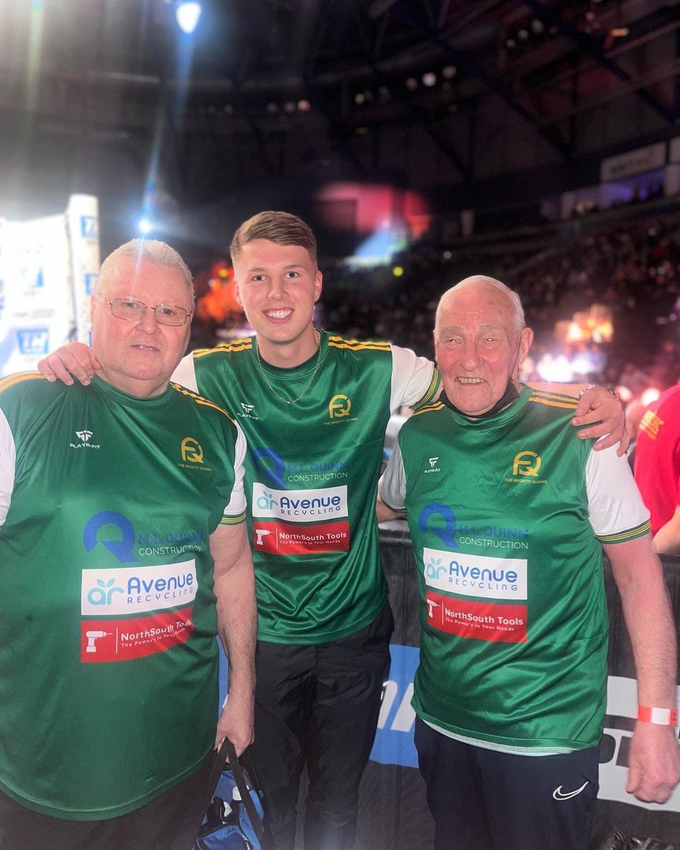 86 year old Belfast boxing coach Gerry Storey Snr with Gerry Junior and son Gerard Junior Storey doing the corner of Feargus Quiin BUi Irish title win at SSE Arena Belfast on Conlan boxing show