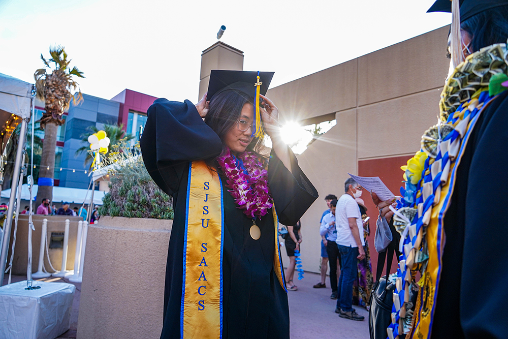 SJSU's tweet photo. Fall 2022 grads! We’re just hours away from your big day. Can't wait to celebrate with you! 🎓 🎉

Join us on the Paseo before or after your ceremony for photos, and/or a short video interview to tell us about your #sjsubucketlist. #SJSU22 #SJSU 🔵🟡 https://t.co/lN9YebNyYz https://t.co/sav8CNiMsO