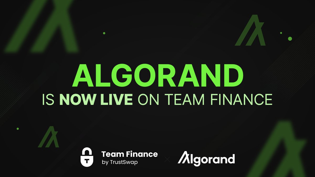 TeamFinance_'s tweet photo. We're excited to announce that @Algorand is NOW LIVE on Team Finance! 🎉

Algorand is the most environmentally sustainable blockchain, along with a strong developer-friendly community. 🍃

Head to https://t.co/1Wo6RwpUPI and lock your Algorand-based token today! 🔐 https://t.co/wOB7WpHrtg