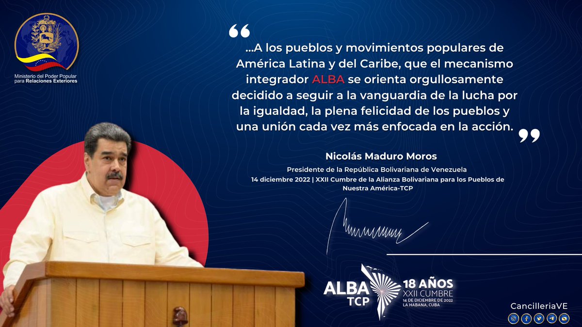 El ALBA-TCP guía su accionar para el desarrollo conjunto de América Latina y el Caribe al propiciar esquemas de asistencia mutua, cooperación y solidaridad para el bienestar de nuestros pueblos. <a href="/NicolasMaduro/">Nicolás Maduro</a> <a href="/Fariacrt/">Carlos Faria</a> <a href="/DiazCanelB/">Miguel Díaz-Canel Bermúdez</a>