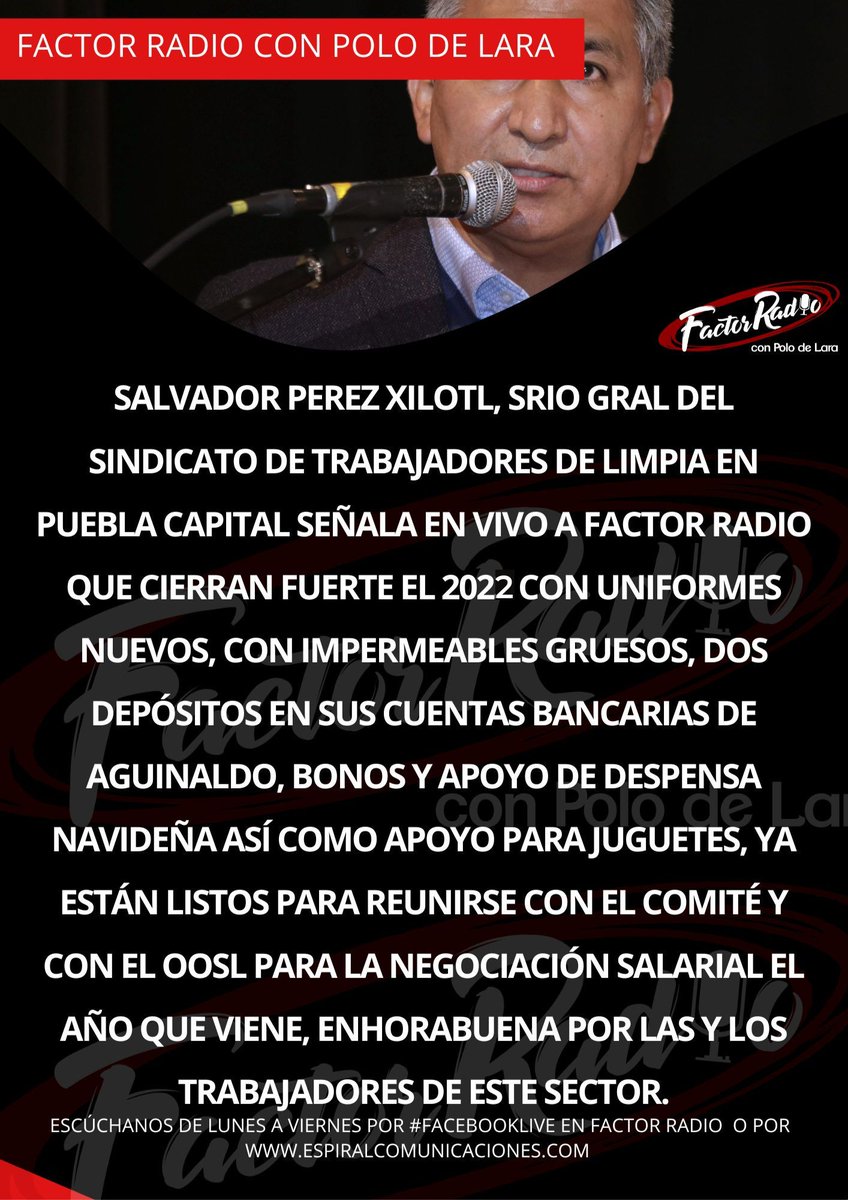 FactorRadioPue's tweet photo. En el marco del festejo del día del trabajador de limpia, el sindicato @ZaragozaOOSL celebra los logros que se han conquistado en este 2022, de los cuáles nos platicó el Srio. Gral. @salvadorperez70,

#FactorRadio #LasCosasComoSon #PoloDeLara https://t.co/wocs9TS1Jj