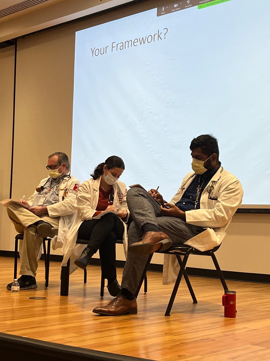 TempleIM's tweet photo. We loved seeing live clinical reasoning on display at today’s “Stump the Chump” CPC! Our champs @induruvik @jaimefine @KeithMcnellis (shown enthusiastically taking notes) were only given a one-liner to prepare, and still expertly showcased their knowledge and reasoning skills. https://t.co/hAt0UHFK5b