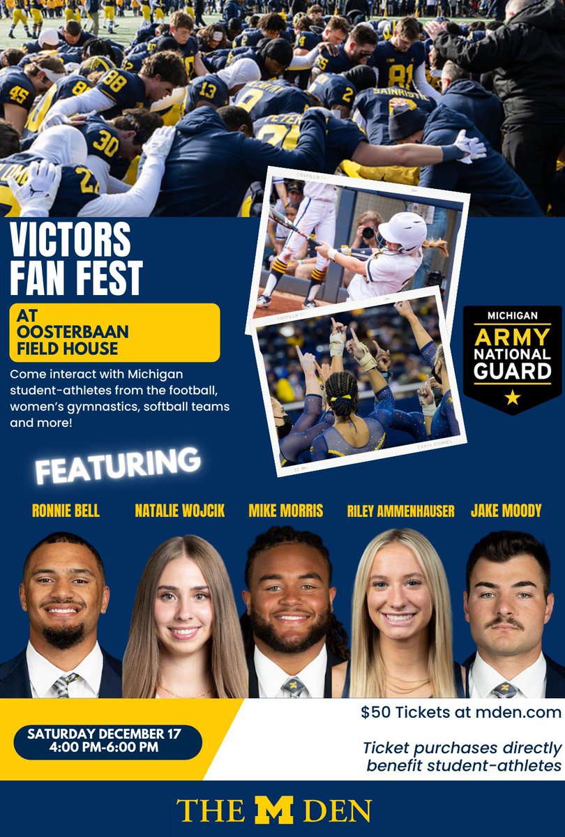 We are hosting an NIL event at Oosterbaan Fieldhouse on Saturday 12/17 at 4pm. 

Come experience a fun-filled day with your favorite Michigan student-athletes!

Ticket sales directly benefit the student-athletes via NIL. 

mden.com/product/Admiss…