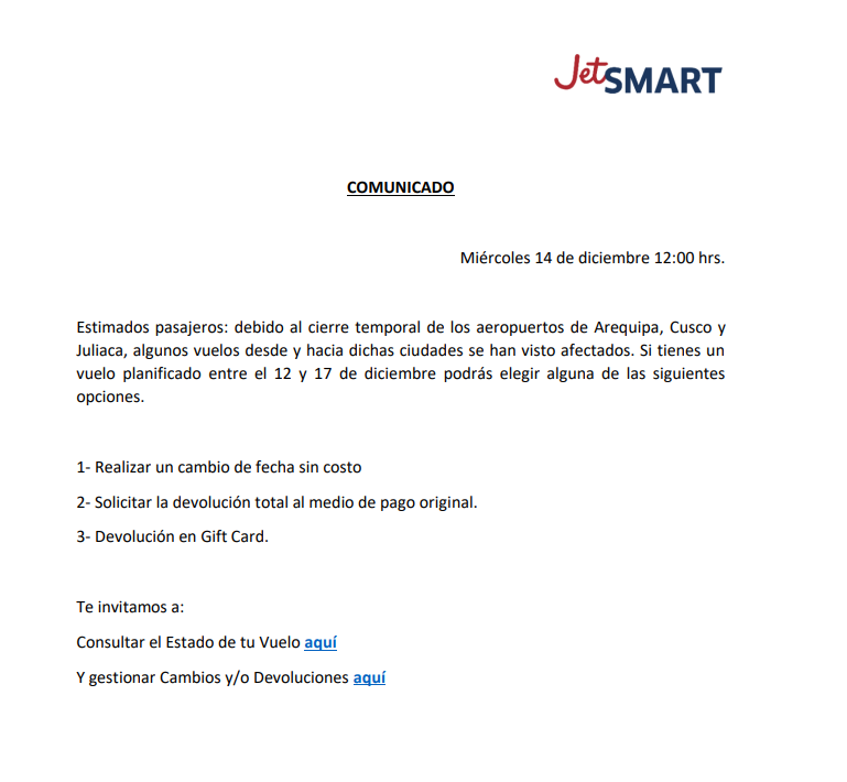 HugoRodOficial's tweet photo. @VuelaJetSMART lanza un comunicado indicando que solo algunos vuelos (desde y hacia a Arequipa, Cusco y Juliaca) se han visto afectados. Sin embargo, los vuelos JZ7003 Y JZT005 salen a la misma hora desde Lima, rumbo a Arequipa, pero solo uno de ellos se canceló @IndecopiOficial https://t.co/5hocdDm9ff