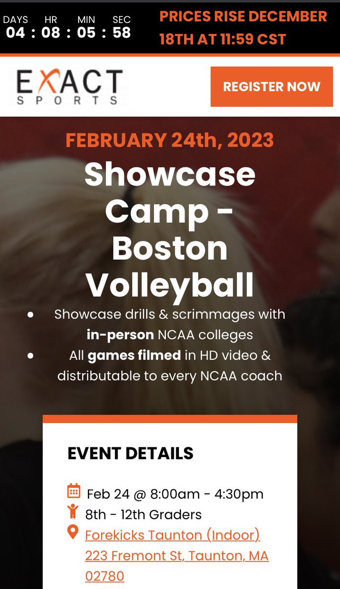 Coach Kaeterle (@coachkaeterle) on Twitter photo SIGN UP TODAY!
exactsports.com/events/1791/vo…
HS Volleyball Showcase at Forekicks (Taunton, MA). Early registration ends December 18th! <a href="/MassGHSVB/">Mass Girls' HS VBall</a> <a href="/EXACTSports/">EXACT Sports</a> <a href="/ForeKicks/">Fore Kicks</a> <a href="/AVCAVolleyball/">AVCA</a> SIGN UP TODAY!
exactsports.com/events/1791/vo…
HS Volleyball Showcase at Forekicks (Taunton, MA). Early registration ends December 18th! <a href="/MassGHSVB/">Mass Girls' HS VBall</a> <a href="/EXACTSports/">EXACT Sports</a> <a href="/ForeKicks/">Fore Kicks</a> <a href="/AVCAVolleyball/">AVCA</a>