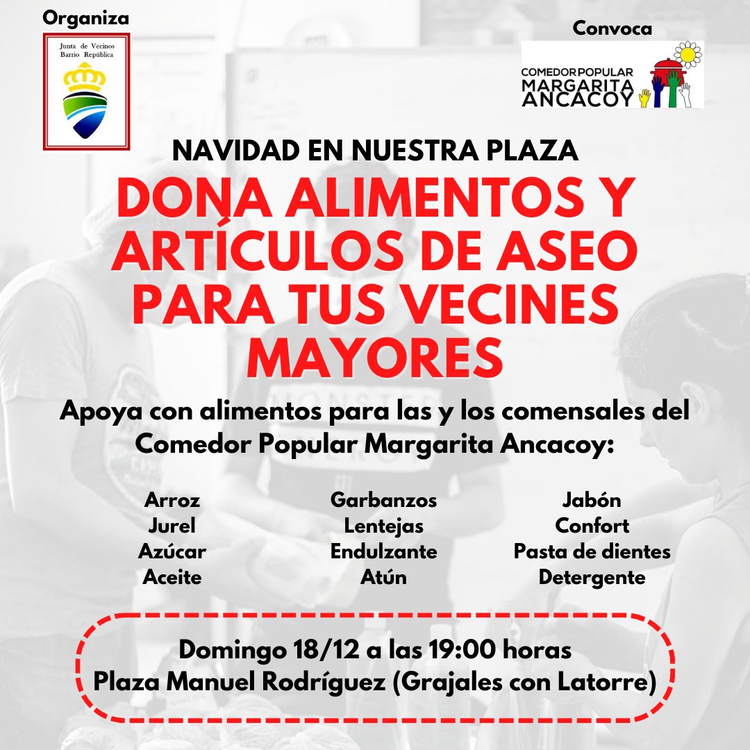#NavidadEnNuestraPlaza

El domingo 18/12 estaremos recibiendo donaciones para las y los comensales del Comedor Popular Margarita Ancacoy <a href="/CAncacoy/">Comedor Popular Margarita Ancacoy</a>. 

Les esperamos con sus aportes y muchas otras actividades preparadas para las familias, niños y niñas a las 19:00 horas.