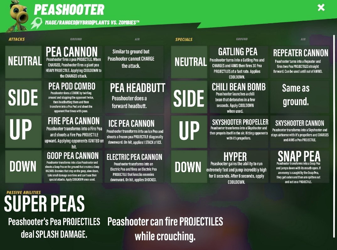 PeaSlayerMVS's tweet photo. Final concept for today. A moveset for the Peashooter.
(Template by @Jojo4MVS)
#MultiVersus 
#4MVS
#Peashooter4MVS https://t.co/Zyw7ZUHZKI