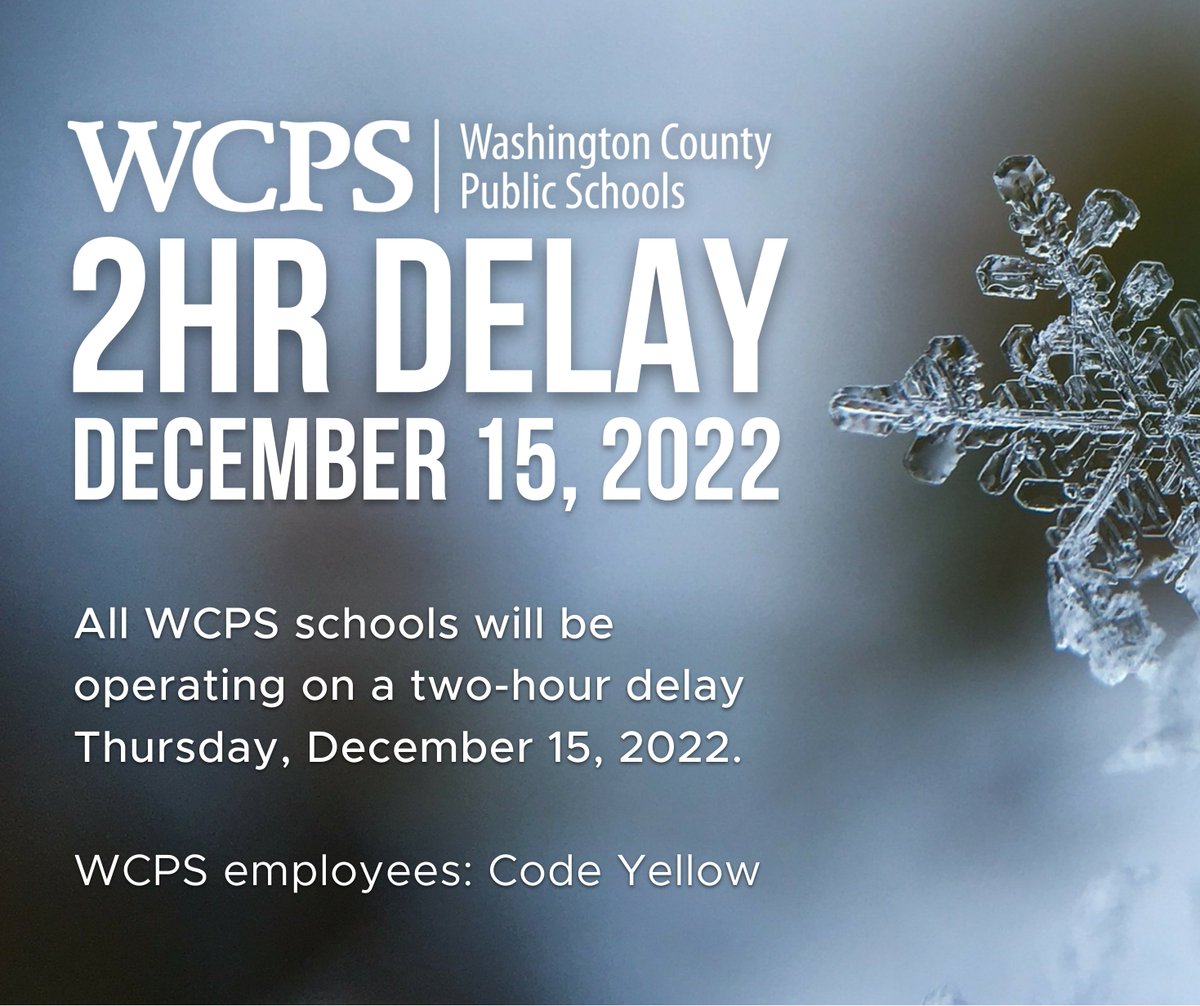 WCPS will be operating on a two-hour delay tomorrow – Thursday, December 15, 2022. Transportation staff will reassess area roads and monitor the forecast to evaluate whether a closure is necessary.

WCPS employees: Code Yellow