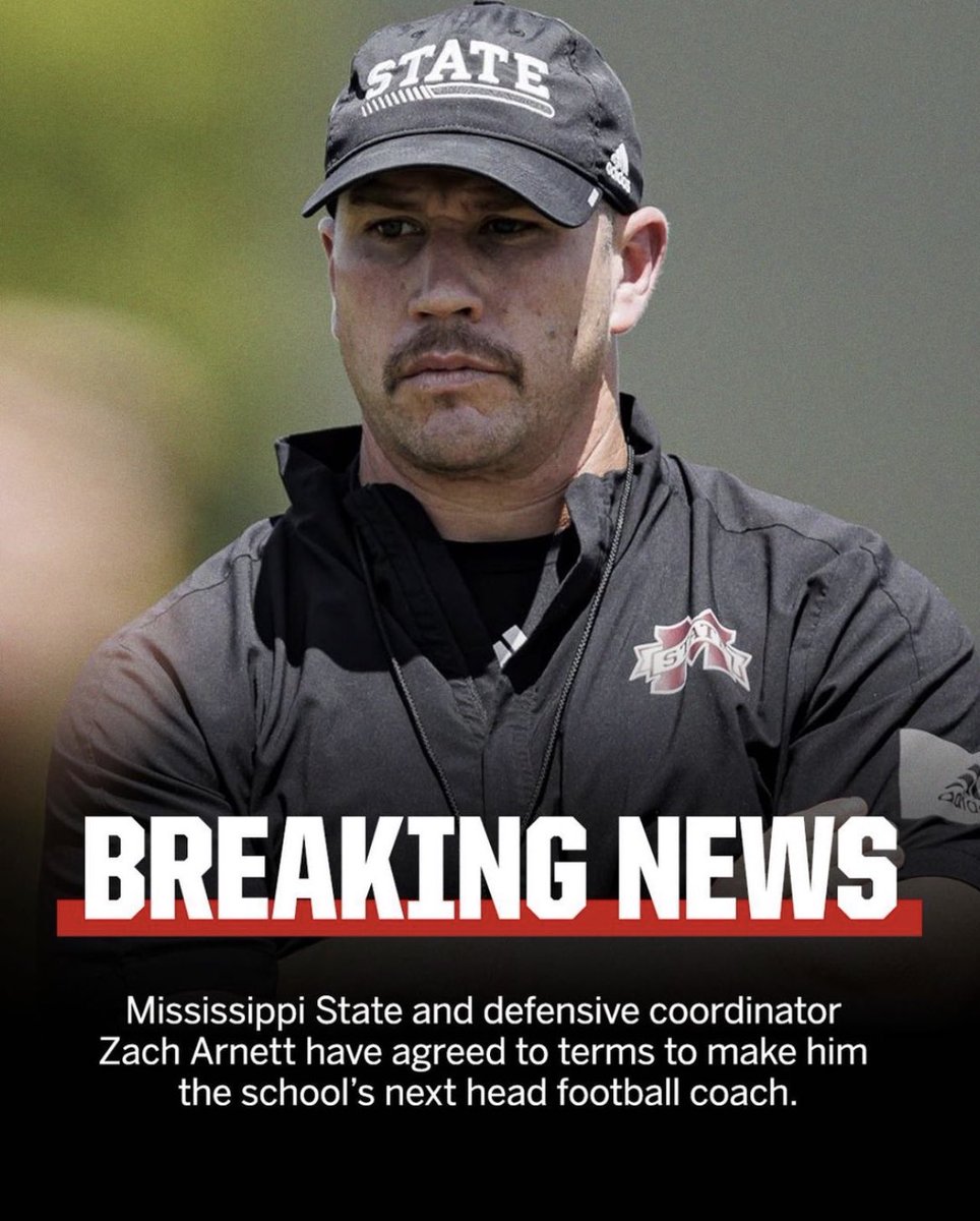 AdamSchefter's tweet photo. Mississippi State and defensive coordinator Zach Arnett have agreed to terms to make him the school’s next head football coach, per ESPN’s @PeteThamel. https://t.co/mwmQbZDsLI