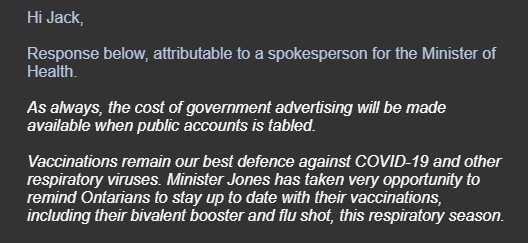 jackhauen's tweet photo. Today I asked the federal and Ontario governments how much they've spent on vaccine ad campaigns this fall. I got two very different responses. Feds on the left, province on the right.

#cdnpoli #onpoli https://t.co/Bnu06mS9NF