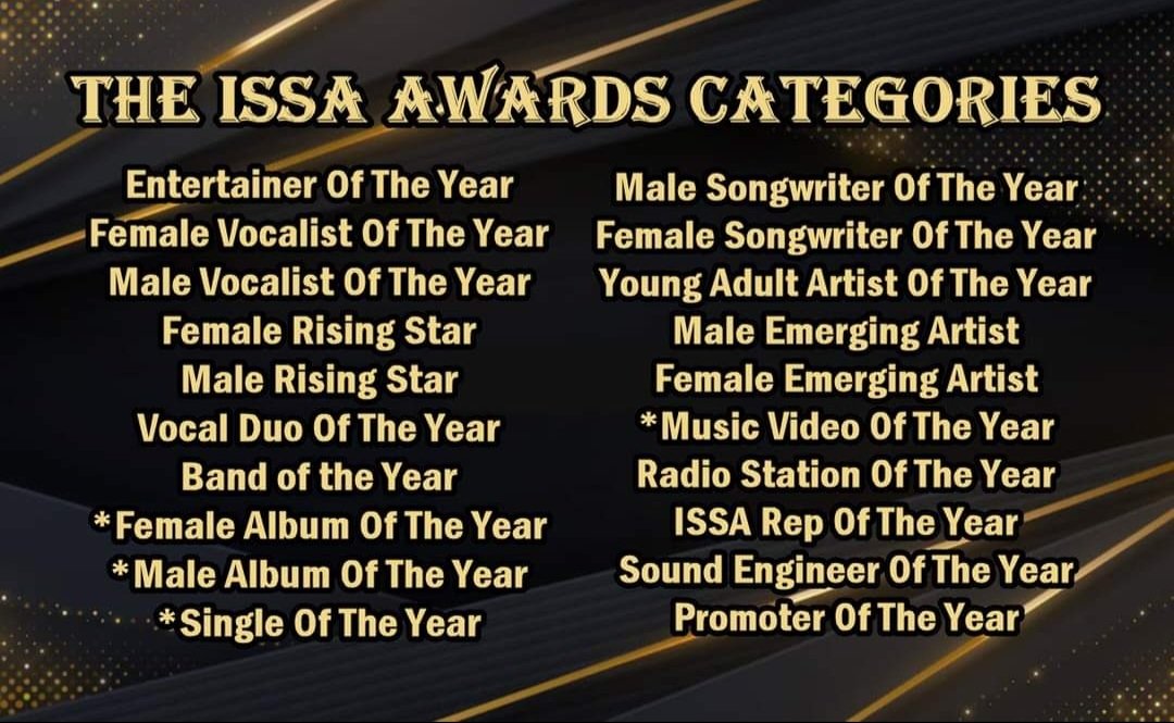 **THESE are the 2023 ISSA Awards 🏆🏆🏆 Categories! Those with an asterisk (*) you will need to have #NEW #MUSIC to qualify. (Meaning 2022 or 2023. Details here: ISSAsongwriters.com/The-ISSA-Awards 
#2023ISSAawards #RedCarpet #EpicShow #Nomination #Season #January #NewYear #August5 #Atlanta