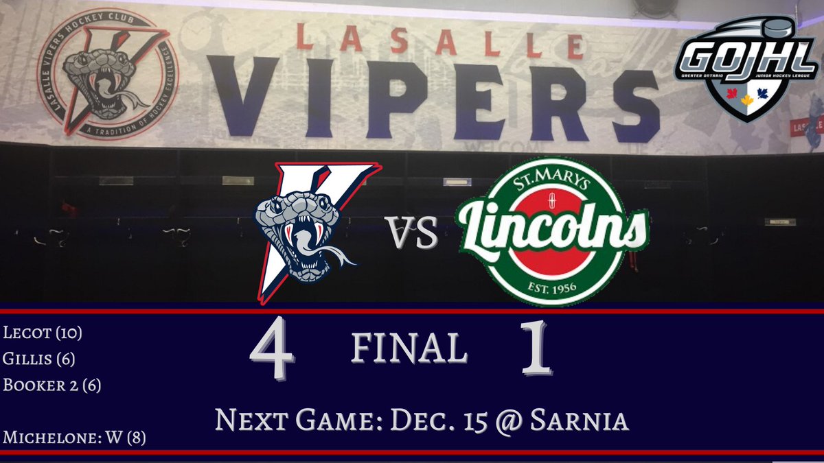 lasallevipers's tweet photo. Missing some key guys tonight but no matter, the depth shines through in a 4-1 victory over the Lincolns. 

Ian Michelone was outstanding in net to pick up his 8th win of the season, and our 4th straight victory overall https://t.co/YIxGujhfoO