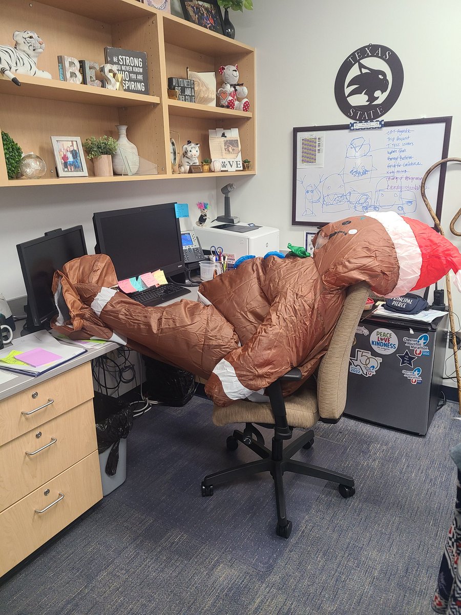 The Gingerbread Man is exhausted from running around to evade the kindergarteners. But my desk is no place to nap! The audacity. <a href="/BryantElem/">Bryant Elementary</a> #bengalpride