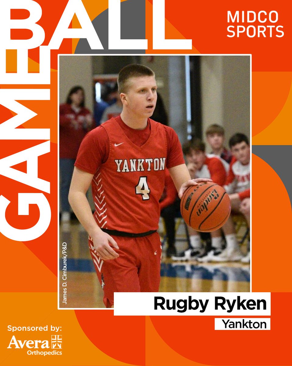 Congrats to this week's 𝗠𝗶𝗱𝗰𝗼 𝗦𝗽𝗼𝗿𝘁𝘀 𝗦𝗗 𝗚𝗮𝗺𝗲 𝗕𝗮𝗹𝗹 winner, sponsored by <a href="/AveraSports/">Avera Sports</a>! 👏

<a href="/rugbyryken/">Rugby Ryken</a> helped lead the <a href="/YhsBucks/">YHS Bucks Basketball</a> to a road upset against Harrisburg.  He finished with 33 pts, 9 ast, 7 reb!
 
#MidcoSports | #MidcoGameBall