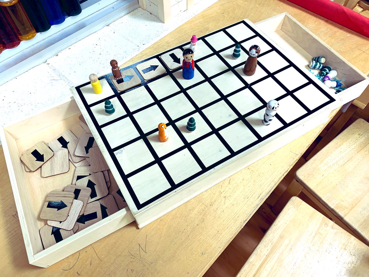 teresa_hadley's tweet photo. Gingerbread Man coding. I love repurposing materials! I flipped this game board over and added a coding grid, then flipped the drawers over as well to hold the arrows and characters. #Gingerbreadman #coding #unpluggedcoding #kindercoding #playbasedlearning #kindergarten #fun https://t.co/R4Mzn8OACX