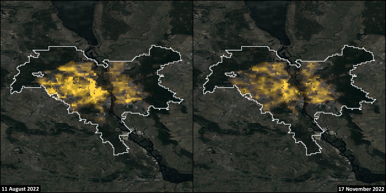 Map showing a 26% decrease in Kyiv’s average nighttime light production, according to Conflict Observatory reporting.