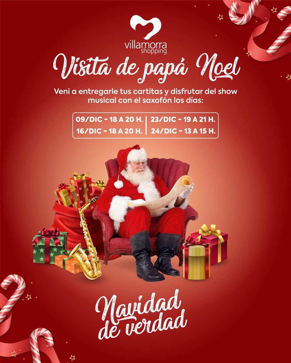 ¡PAPA NOEL NOS VISITA! 🎅🏼✨

PAPA NOEL te espera en el #VillamorraShopping ✨🎅🏼

Veni a entregarle tus cartitas y disfrutar del show musical! ✨✉️🎷

La verdadera navidad se vive en el #VillaMorraShopping🌲🎁