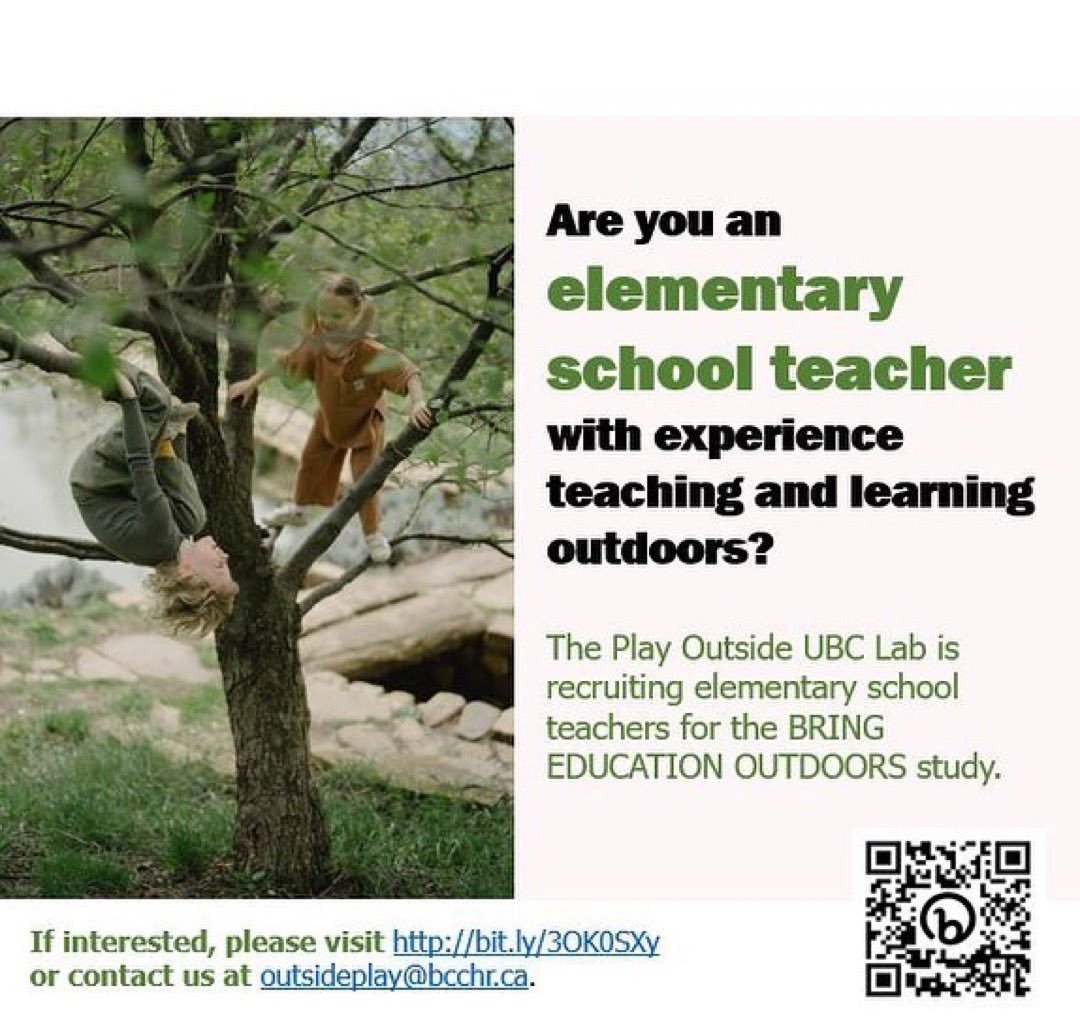 Take Me Outside (@takemeoutside) on Twitter photo UBC is looking for elementary school teachers in Canada with photos or videos that demonstrate Outdoor Play and Learning in elementary schools. If interested, please visit bit.ly/3OK0SXy or contact UBC at outsideplay@bcchr.ca. UBC is looking for elementary school teachers in Canada with photos or videos that demonstrate Outdoor Play and Learning in elementary schools. If interested, please visit bit.ly/3OK0SXy or contact UBC at outsideplay@bcchr.ca.