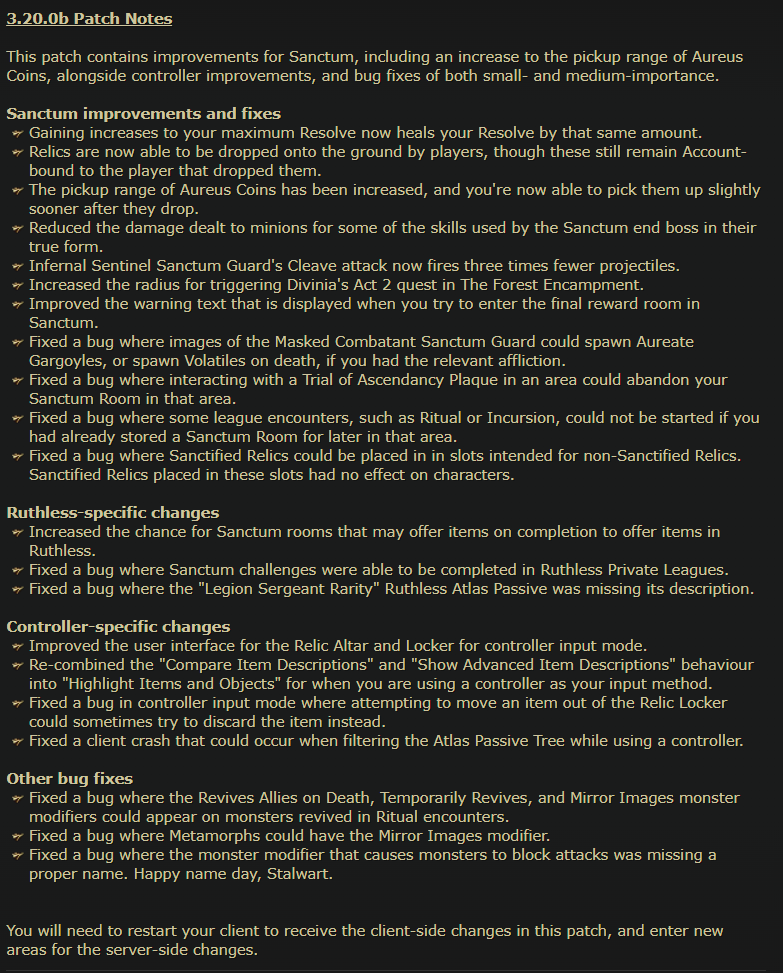 pathofexile's tweet photo. We've just released patch 3.20.0b, which contains improvements for Sanctum, including an increase to the pickup range of Aureus Coins, alongside controller improvements and a few bug fixes. 

Check out the full patch notes below:

https://t.co/zLbYoRHVoo https://t.co/0drDGaAjrC
