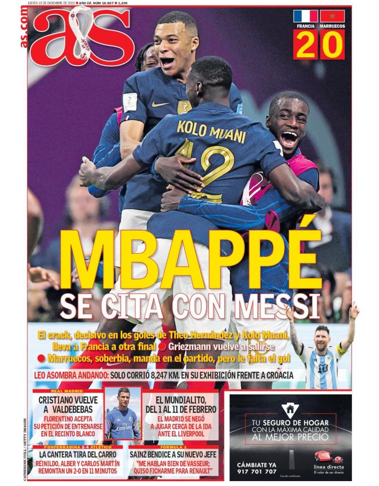 'El vuelo a la final', titula L'equipe sobre el triunfo de Francia. Los demás diarios europeos enfrentan a Mbappé con Messi.