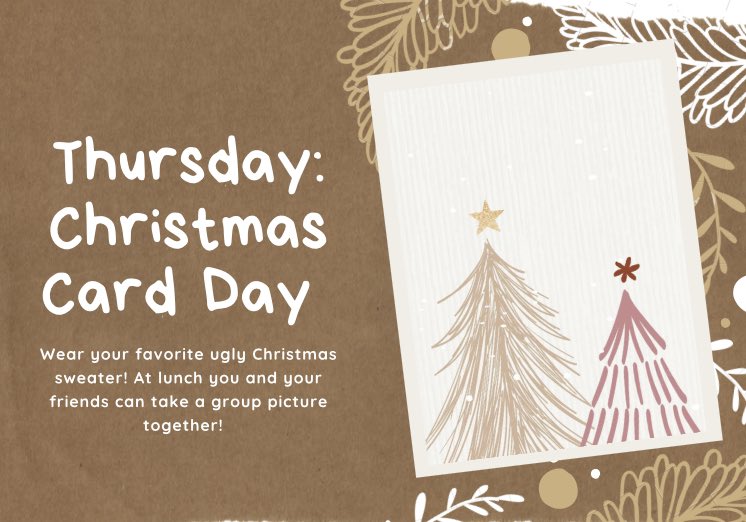 midcarstuco's tweet photo. Be sure you dress up tomorrow is your favorite ugly Christmas sweater! At lunch you and your friends can take pictures together! https://t.co/8pZwNp2785