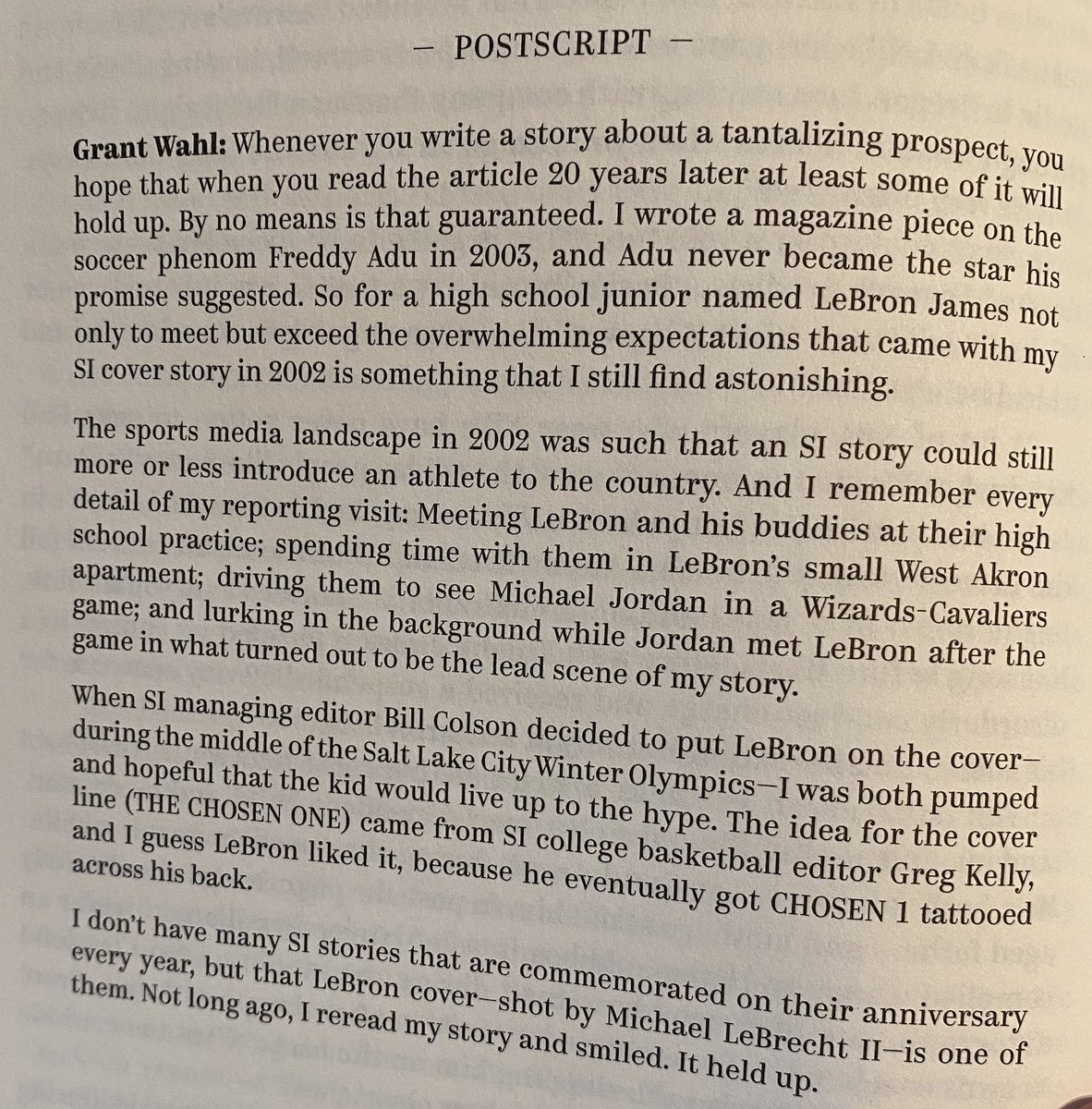 Chris Ballard (@chris_ballard33) on Twitter photo When I texted <a href="/GrantWahl/">Subscribe to GrantWahl.com</a> to see if he would write a postscript for his LeBron "Chosen One" story, Grant responded immediately, like always, then sent it that same day - then followed up to make sure it worked. He was a pro's pro. We'll all miss him. When I texted <a href="/GrantWahl/">Subscribe to GrantWahl.com</a> to see if he would write a postscript for his LeBron "Chosen One" story, Grant responded immediately, like always, then sent it that same day - then followed up to make sure it worked. He was a pro's pro. We'll all miss him.