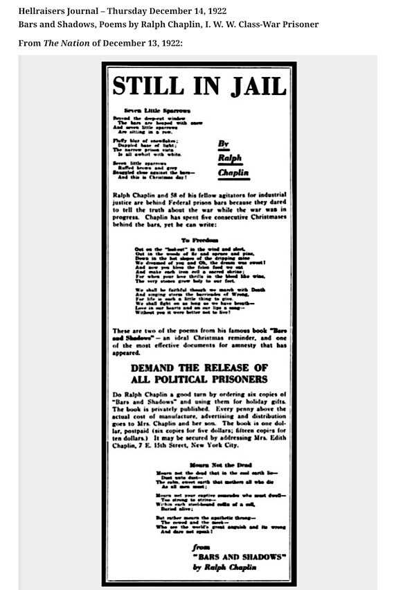 LaborMartyrs's tweet photo. #Solidarity #UnionStrong #IWW #RalphChaplin #BarsandShadows1922
Hellraisers Journal: From The Nation: Bars and Shadows, Poems by Ralph Chaplin, One of 58 Remaining Class-War Prisoners https://t.co/ZSd9u8dfdY https://t.co/5KaO1xJVr2