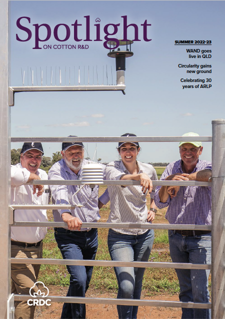 CottonResearch's tweet photo. ICYMI: the summer ed of our Spotlight mag is now out, featuring a ton of #cotton R&amp;D. 

There's the WAND #spraydrift hazard towers, new #circularity &amp; #textilewaste projects, &amp; 30yrs of the Aust Rural Leadership Program, featuring cotton's 44 grads!

> https://t.co/GFoJUcBlaK https://t.co/ekbpkR5FaL