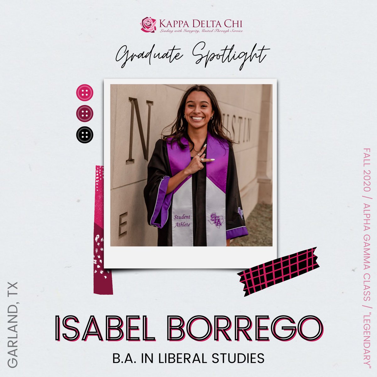 🎓 GRADUATE SPOTLIGHT 🎓
•
ISABEL BORREGO, a Fall 2020 initiate of <a href="/sfasukdchi/">𝐊𝐃𝐂𝐡𝐢 - 𝐏𝐡𝐢 𝐂𝐡𝐚𝐩𝐭𝐞𝐫</a> from Garland, TX, graduated from SFA with a B.A. in Liberal Studies. She plans to get her Masters in Human Resource Management at UT Arlington.