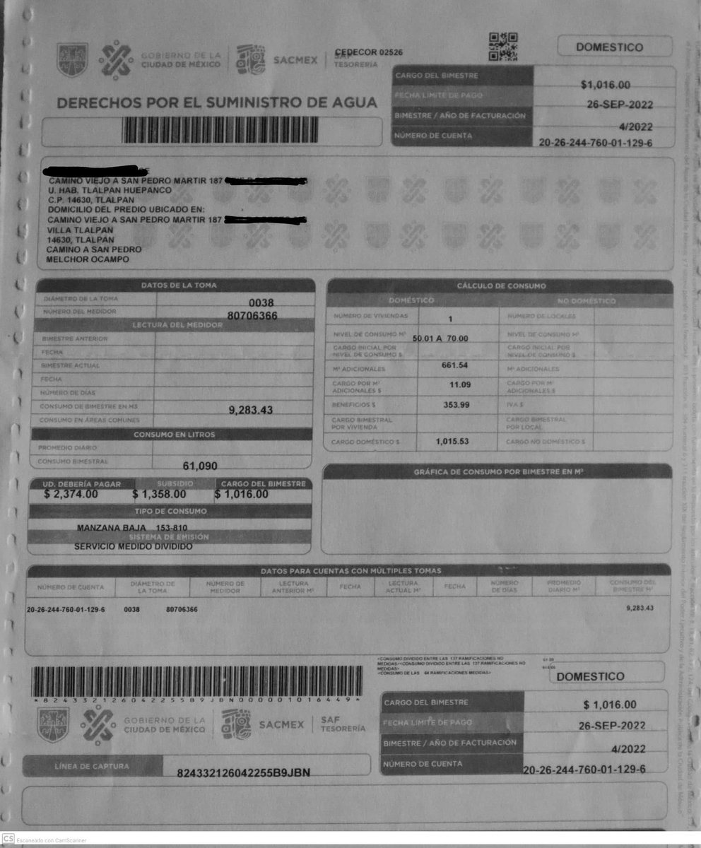 <a href="/alfagonzalezm/">Alfa González</a>  @SacmexCDMX hace cobros excesivos a vecinos de la Unidad Huepanco. Este depto lo habita una persona que casi no está y le cobran $1016. Lo mismo le cobran a deptos vacíos. Varios hemos reclamado en @SacmexCDMX y no hacen nada. AYUDA <a href="/TlalpanVecinos/">Tlalpan Vecinos</a> <a href="/TlalpanUnidos/">Tlalpan Unidos</a>