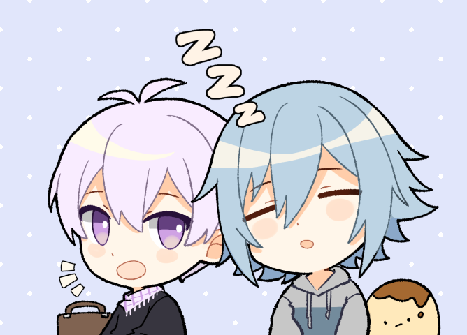 multiple boys 2boys purple eyes male focus chibi blue hair hoodie  illustration images