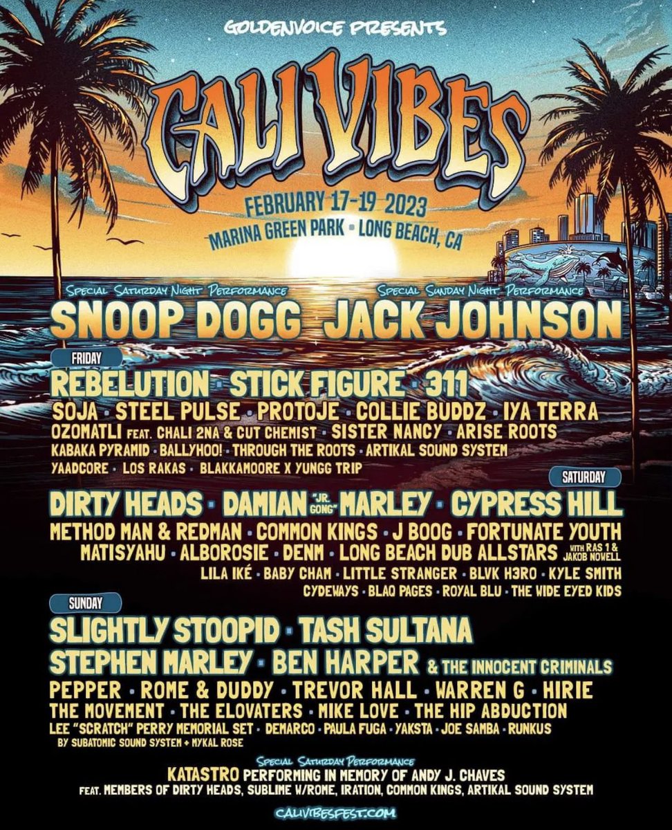 Surf Roots TV & Radio (@surfrootsradio) on Twitter photo JUST ADDED: <a href="/SnoopDogg/">Snoop Dogg</a>, @Cypresshill, <a href="/matisyahu/">Matisyahu</a> & more!
Feb 17-19 It's goin down in the LBC!!!
🎟️ Passes & info: CaliVibesFest.com
*We'll also be doing a Pre-Party the night before on Thurs Feb 16th a benefit for <a href="/NowellFamily/">The Nowell Family Foundation</a> Foundation, details tba! JUST ADDED: <a href="/SnoopDogg/">Snoop Dogg</a>, @Cypresshill, <a href="/matisyahu/">Matisyahu</a> & more!
Feb 17-19 It's goin down in the LBC!!!
🎟️ Passes & info: CaliVibesFest.com
*We'll also be doing a Pre-Party the night before on Thurs Feb 16th a benefit for <a href="/NowellFamily/">The Nowell Family Foundation</a> Foundation, details tba!