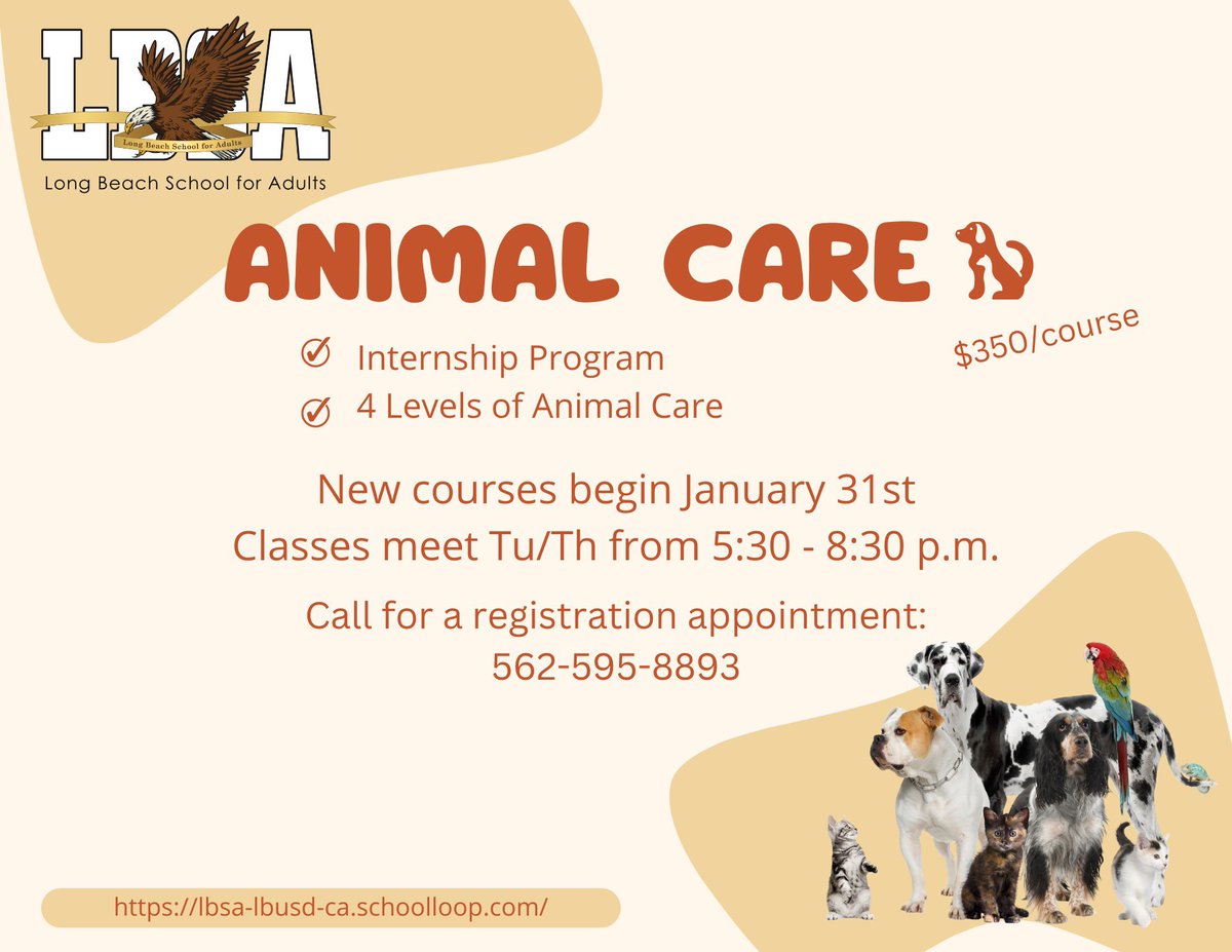 Call to make a registration appointment for our upcoming employment courses in Custodial Services, Animal Care, Campus Staff Assistant, &amp; CNA. Courses begin in January. <a href="/LongBeachPost/">Long Beach Post</a> <a href="/LongBeachCity/">City of Long Beach</a> <a href="/LBCityCollege/">LB City College</a> @LongbeachUSD @HSOLBUSD @LBUSDEngage <a href="/nicolelopezLB/">NICOLE LOPEZ</a> @PacGateway